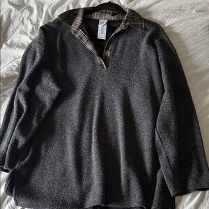 Women's Charcoal Gray V-Neck Sweater with Plaid Collar